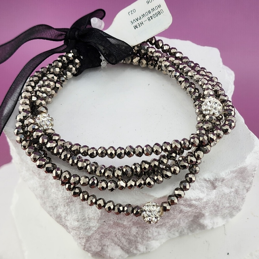 Gunmetal Faceted Bead Multi Strand Bracelet Pave Rhinestone Ribbon Glam Jewelry